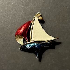 Vintage Nautical Sailboat Gold Toned Brooch in Red, White and Blue